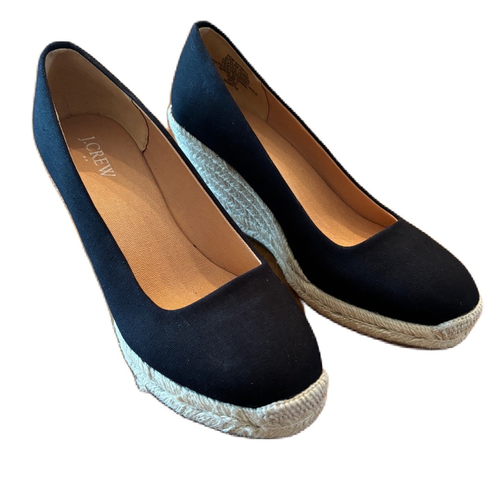 J. Crew Black Canvas Espadrille Wedges with Natural Jute Platform